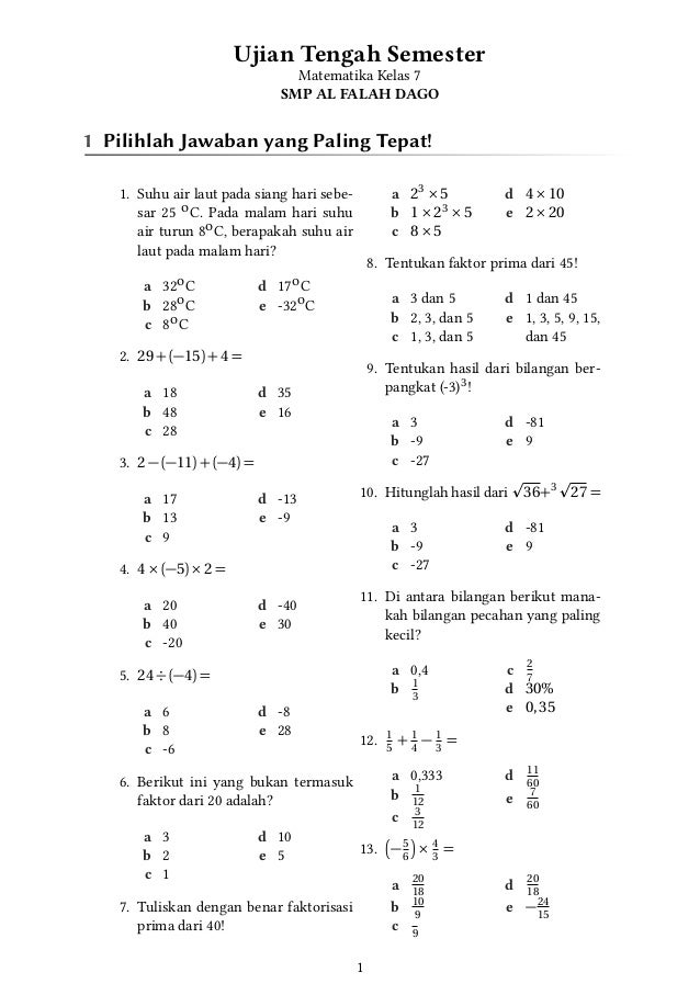 7 Rahasia Lolos Ujian dengan Latihan Soal UTS Matematika Kelas 7 Semester 1 Kurikulum 2013