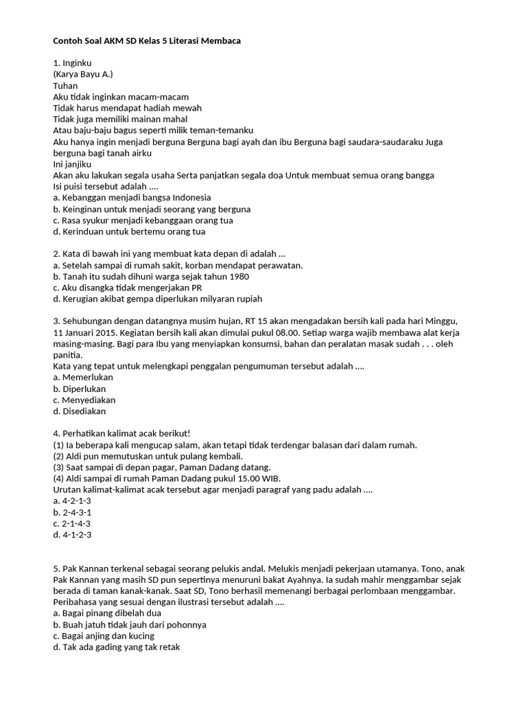 A Contoh Soal AKM SD Kelas 5 Literasi Membaca PDF