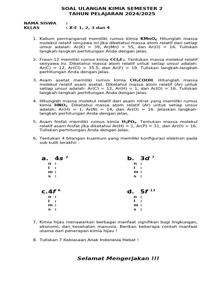 Soal Ulangan Kimia Semester 2 PDF