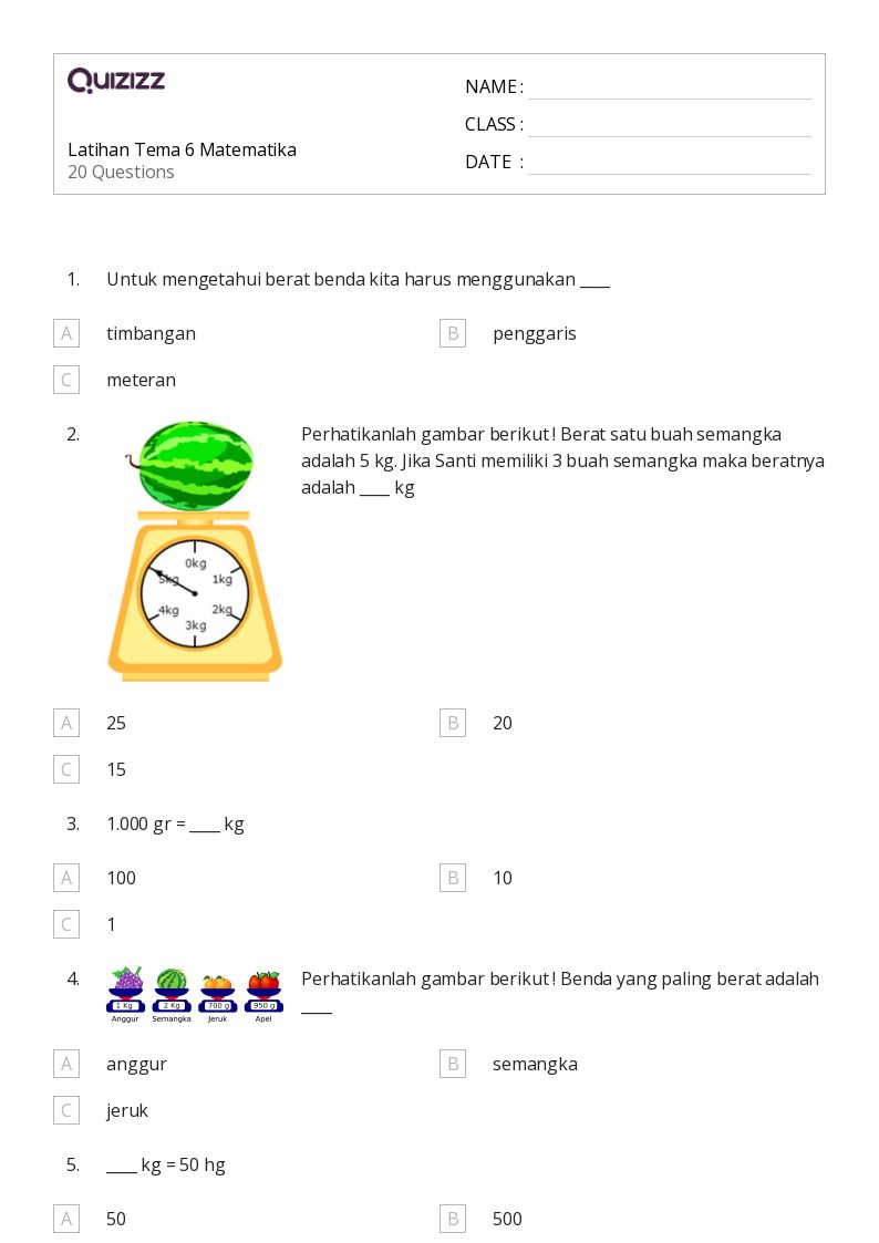 50 lembar kerja Membandingkan Berat untuk Kelas 2 di Quizizz Gratis