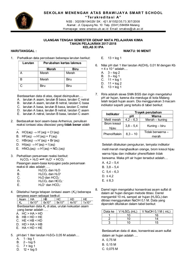 soal uas kimia kelas 10 semester 1 dan jawabannya