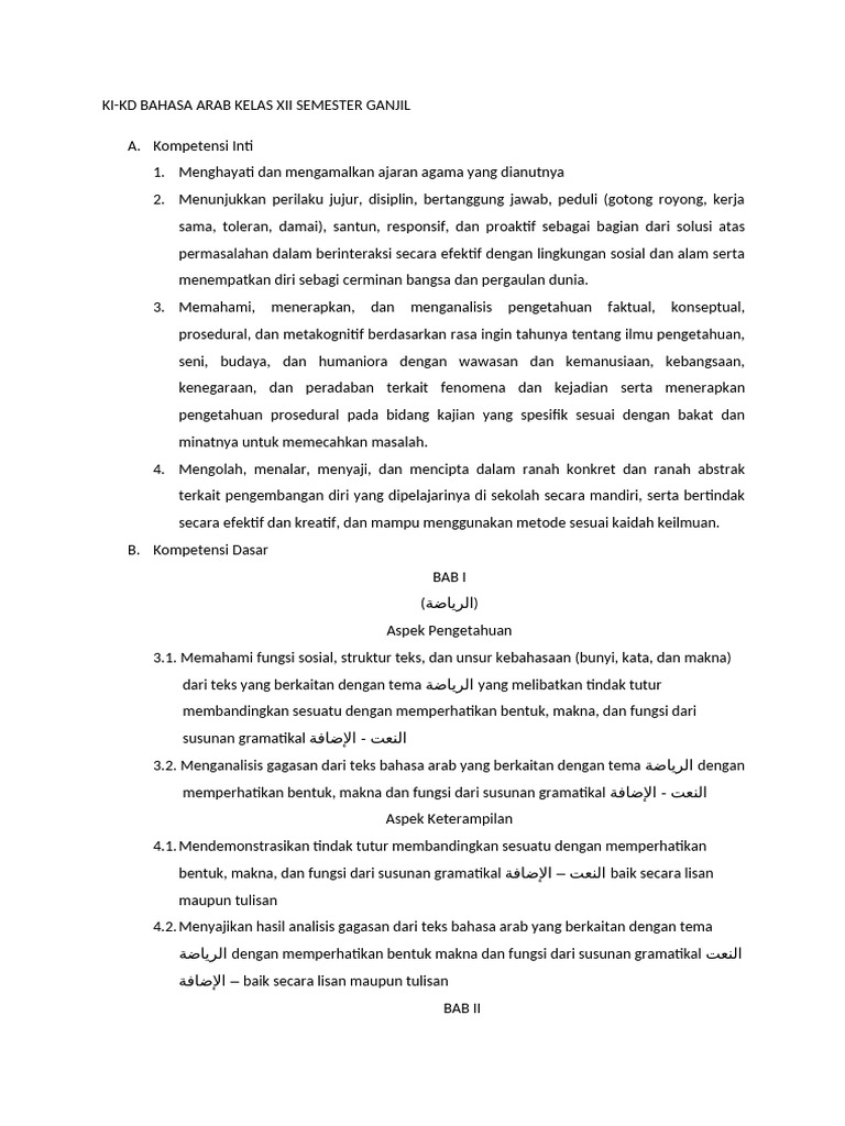KI-KD Bahasa Arab Kelas XII Ganjil PDF