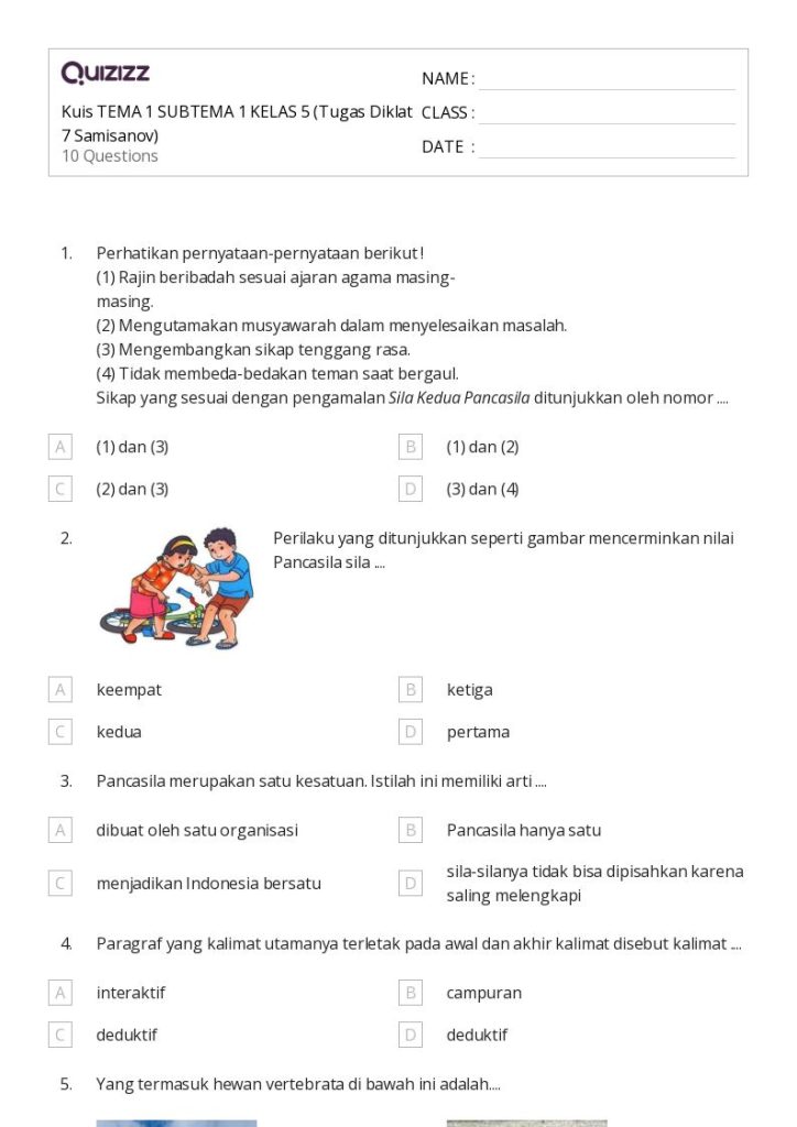 Akhirnya Ditemukan! Lembar Kerja Siap Cetak Soal Ulangan Harian Tema 1 Subtema 1 Kelas 5