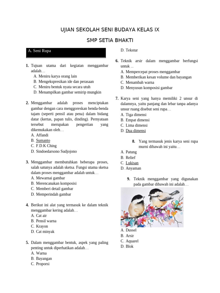 Soal Ujian Akhir Sekolah Seni Budaya Kelas 9 - SMP Setia Bhakti PDF Soal Ujian Akhir Sekolah Seni Budaya Kelas 9 - SMP Setia Bhakti PDF