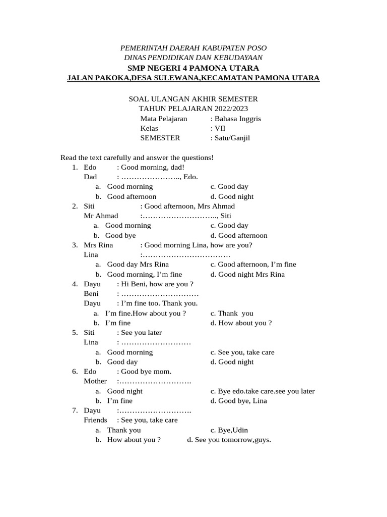 Soal Ulangan Bahasa Inggris Kelas 7 8 9 Autorecovered PDF