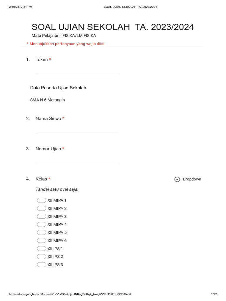Soal Ujian Fisika SMA N 6 Merangin PDF