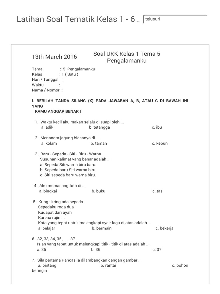 Soal UKK Kelas 1 Tema 5 Pengalamanku PDF