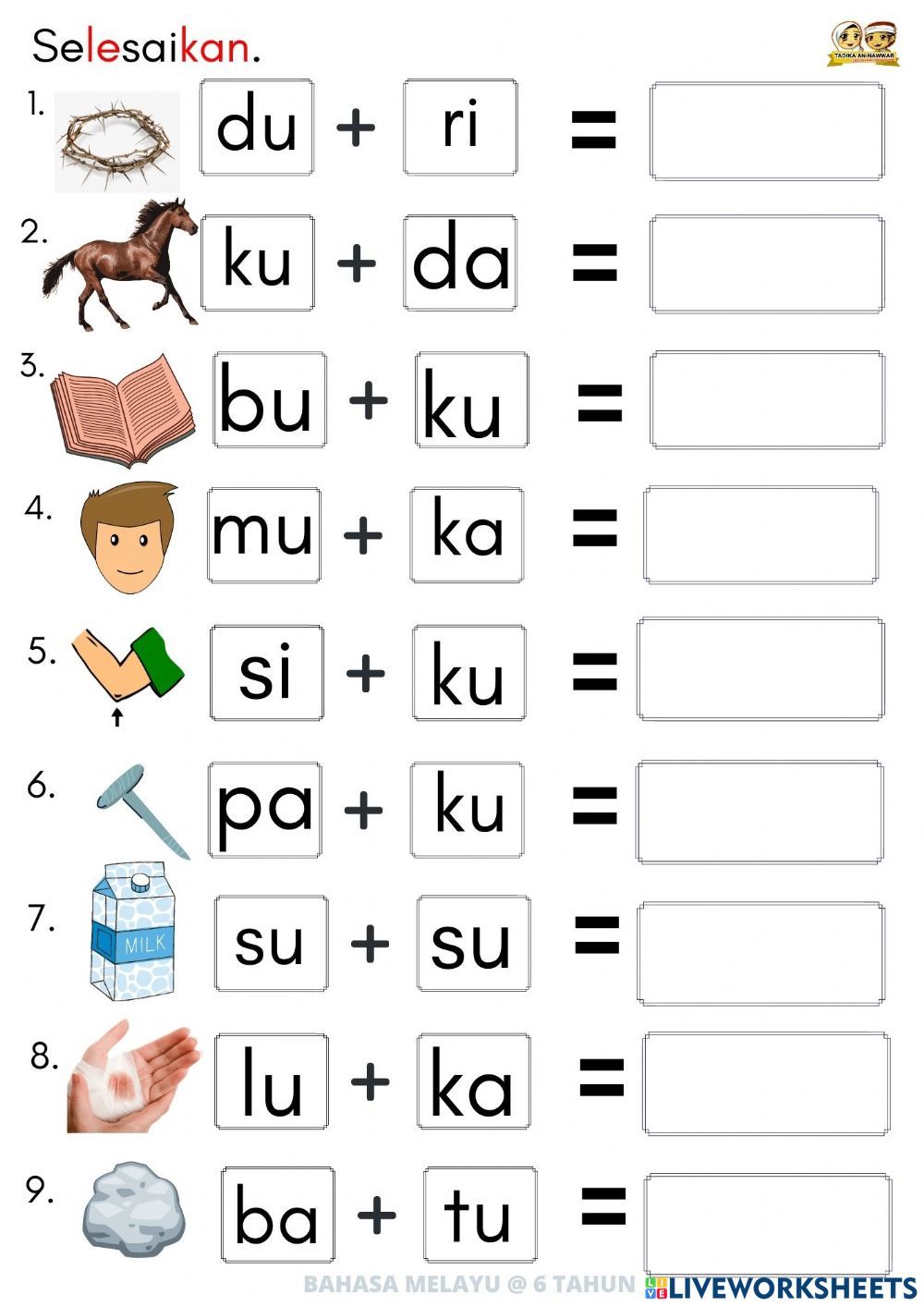 Suku kata gandingan online worksheet for TADIKA You can do the