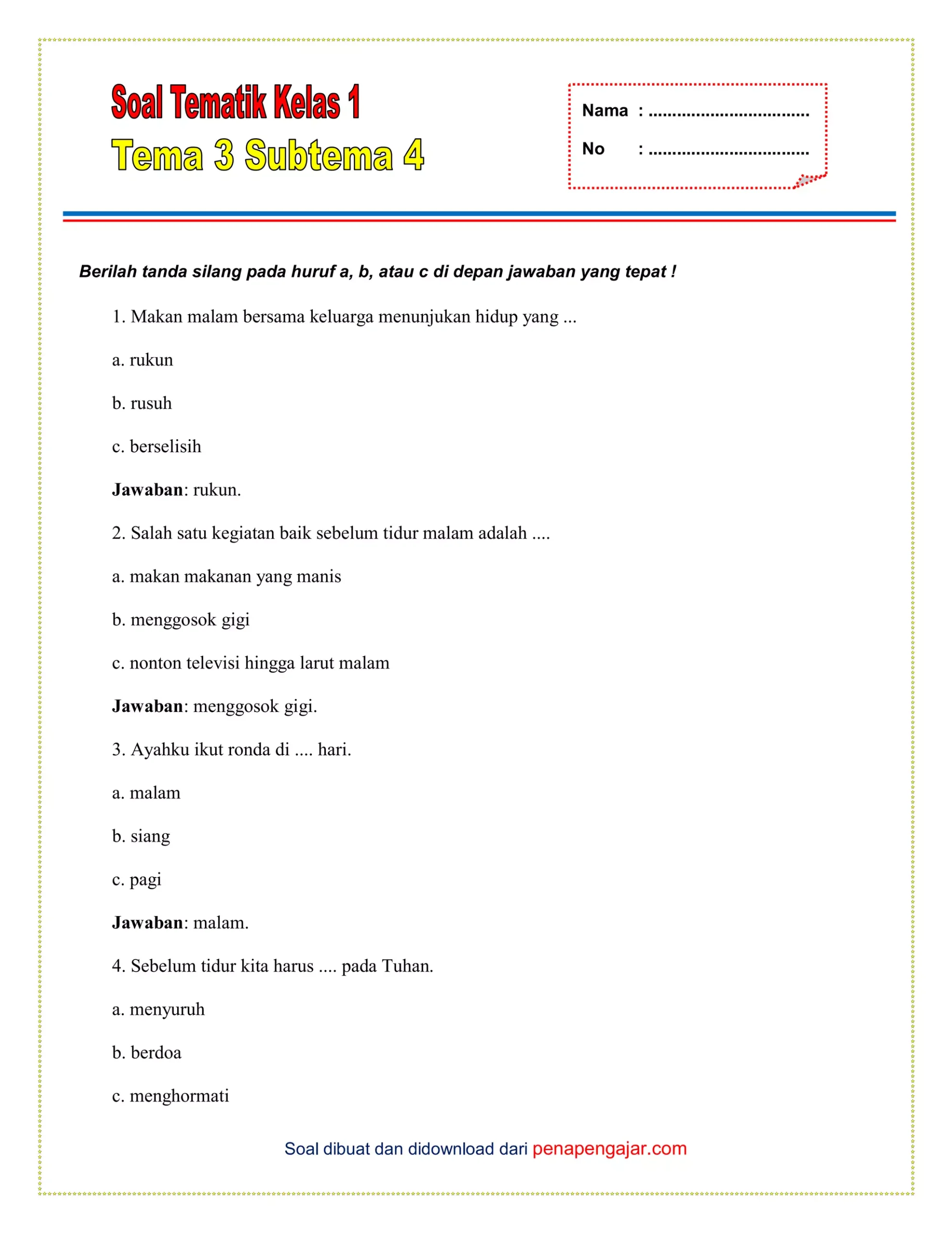 20 Contoh Soal Ulangan Tematik Kelas 1 Tema 3 & 4 Beserta Kunci Jawaban yang Wajib Diketahui