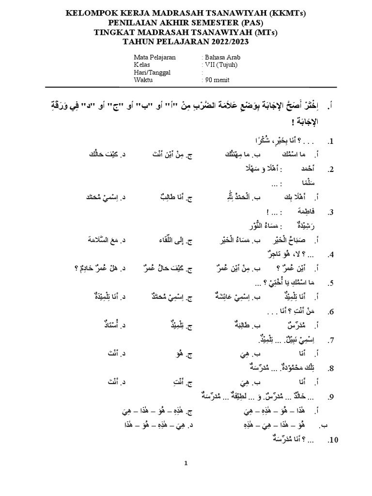 soal bahasa arab kelas 7 semester 1