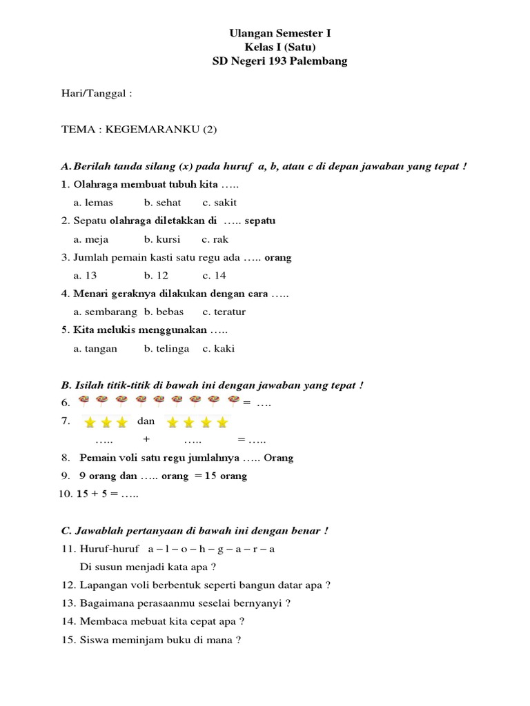 Rahasia Nilai Bagus dengan Latihan Soal Soal Semester 2 Kelas 1 SDI Terbaru