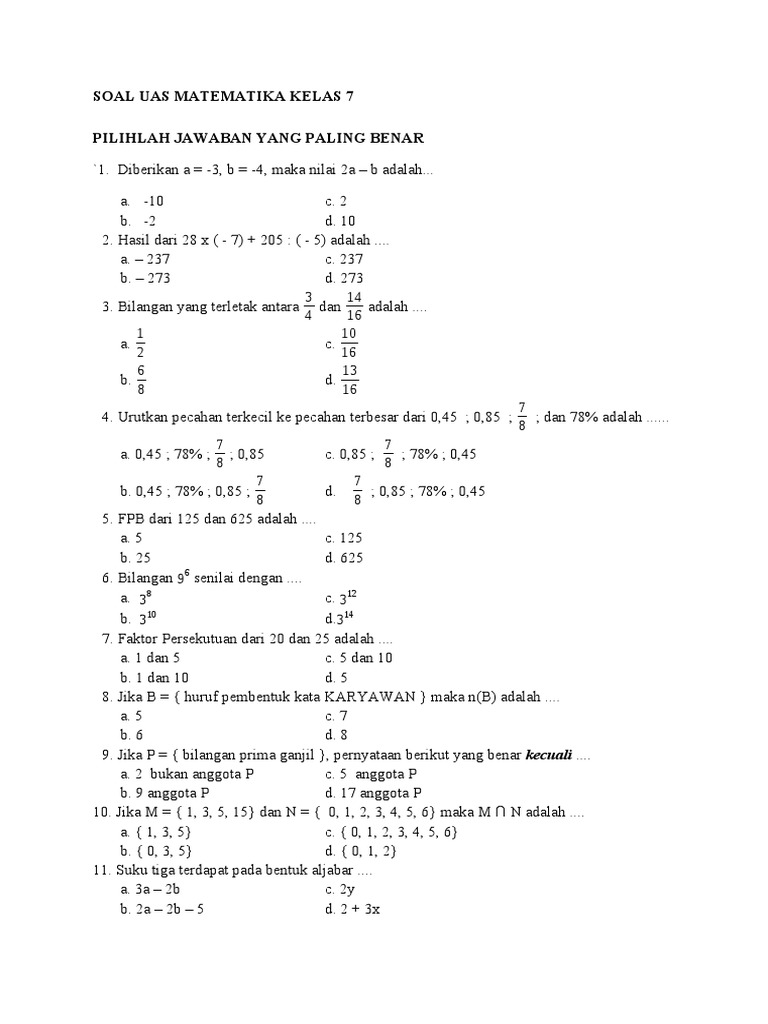 Rahasia Nilai Sempurna dengan Latihan Soal UAS Matematika Kelas 7 Semester 1 K13 PDF