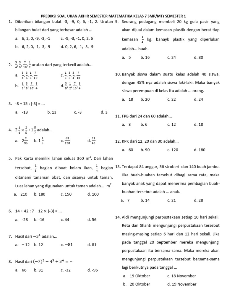Rahasia Skor Sempurna: Kerjakan Latihan Soal UAS Matematika Kelas 7 Semester 1 Ini