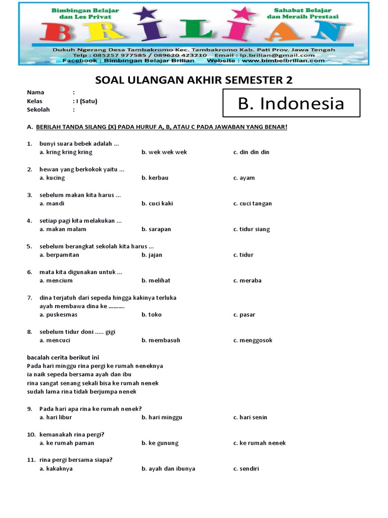 Wajib Tahu! Ini Kumpulan Latihan Soal UAS Kurikulum 2013 Kelas 1 Semester 2 Terbaru
