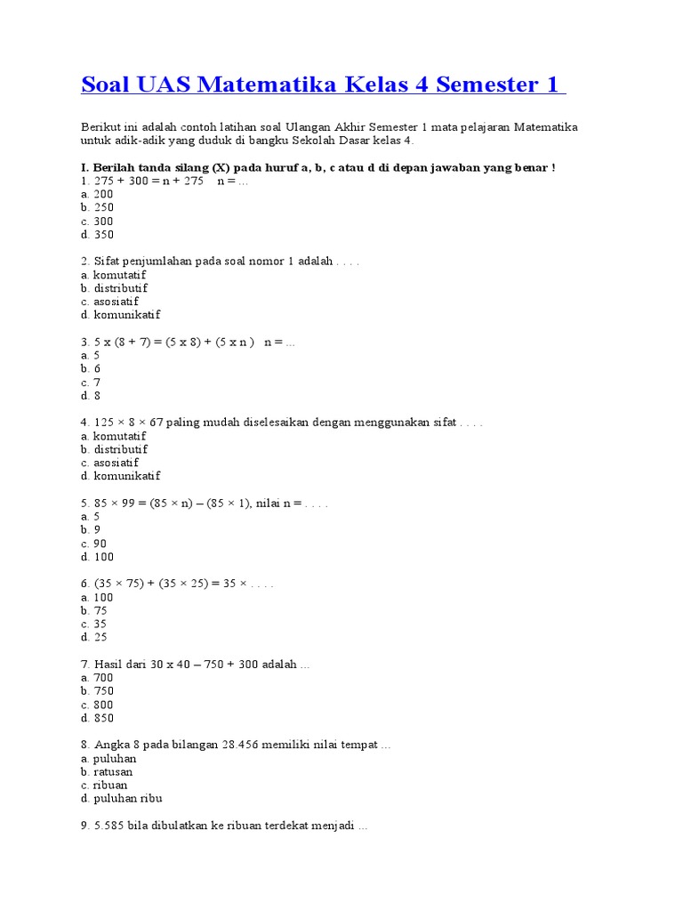 Wajib Tahu! Kumpulan Latihan Soal UAS Matematika Kelas 4 SD Semester 1 Agar Nilai Maksimal