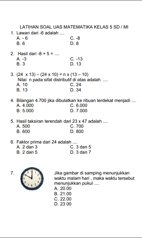 Wajib Tahu! Kumpulan latihan soal uas matematika kelas 5 semester 1 kurikulum 2013 Terbaru